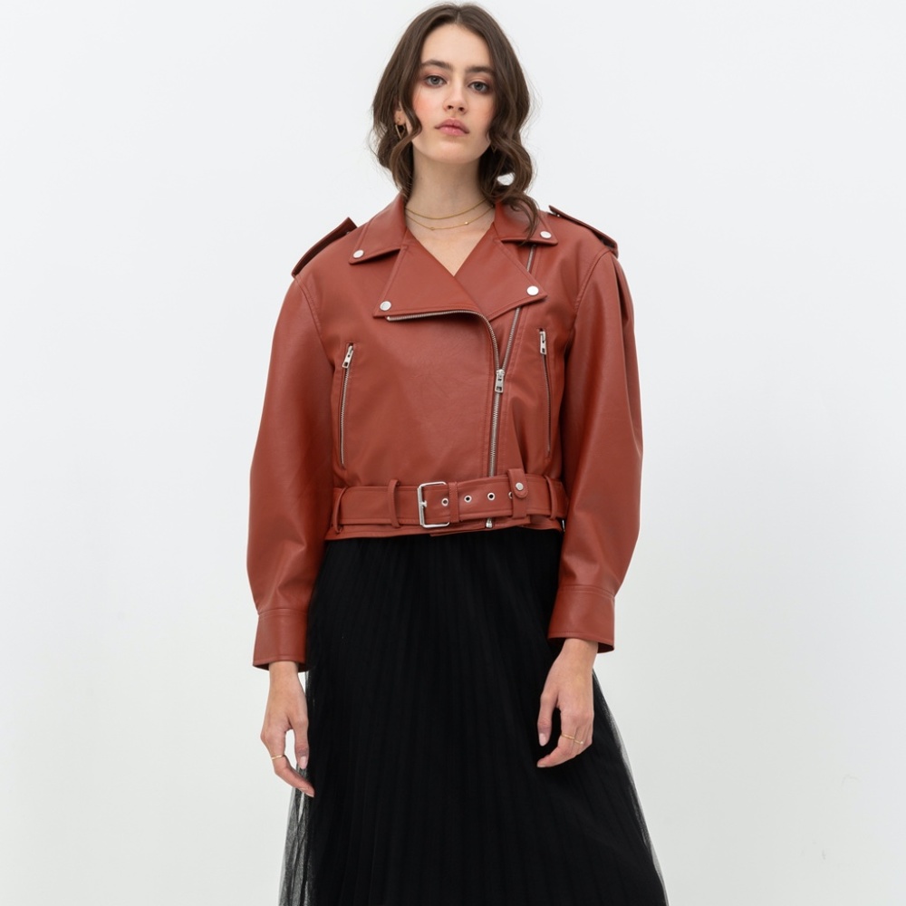 Bad Idea Shirred Shoulder FauxLeather Jacket- Rust